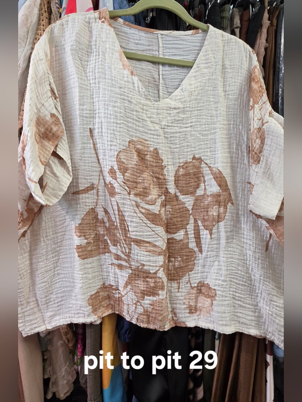 Boho Floral Gauze Top & Wide Leg Pant Set - Cream with Brown Floral